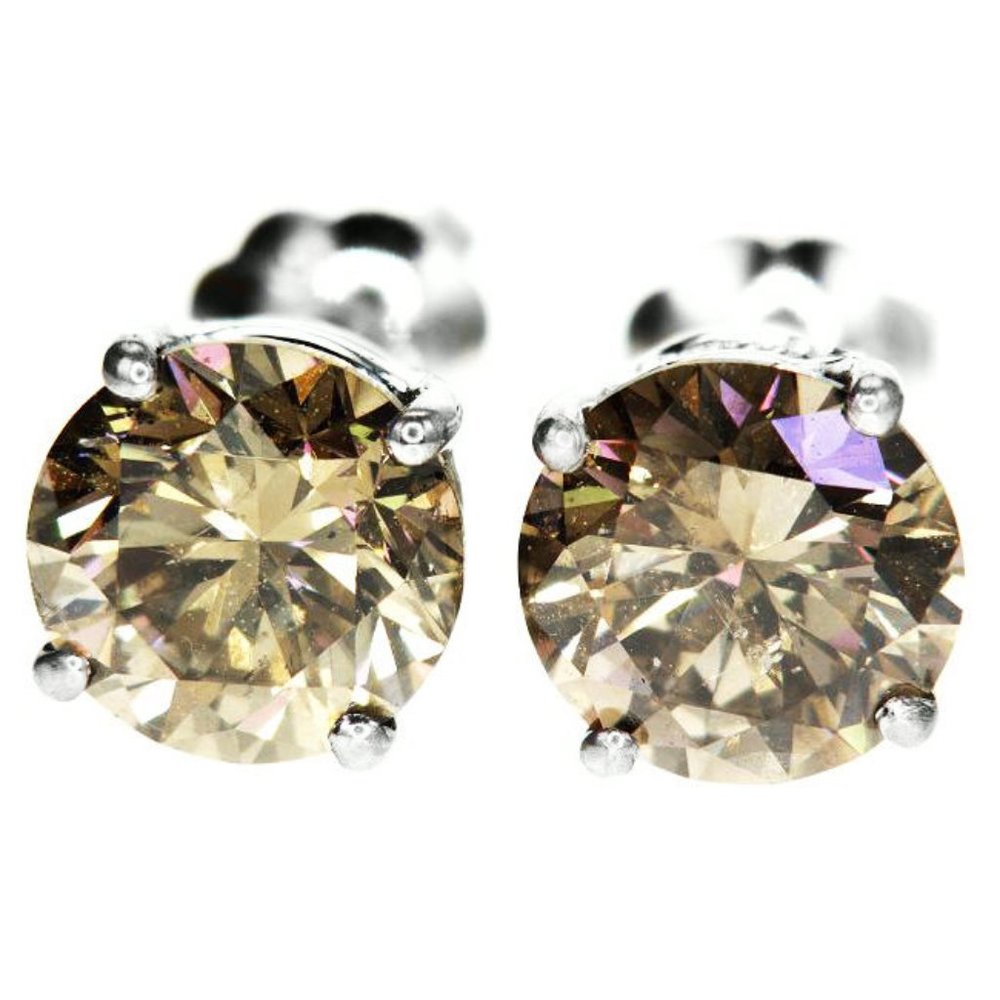 Diamond Stud Solitaire Earrings Fancy Champagne Round 2.04 TCW VS2/SI1 14K Gold